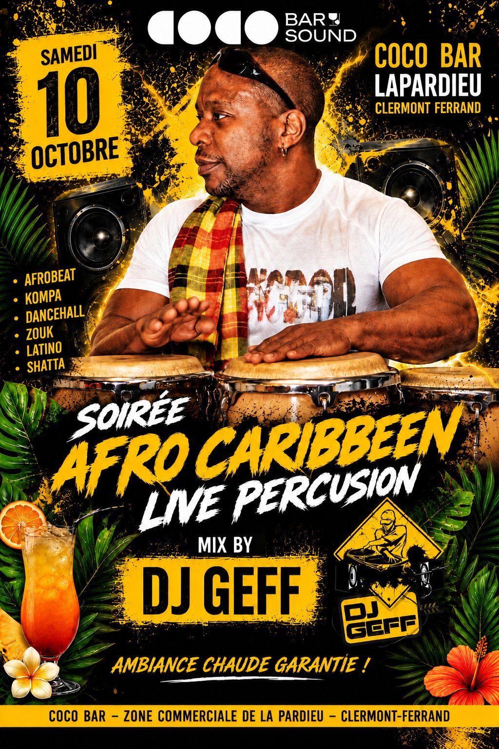 Affiche de la soirée Afro Caribbean du samedi 10 octobre au Coco Bar, mix by DJ Geff